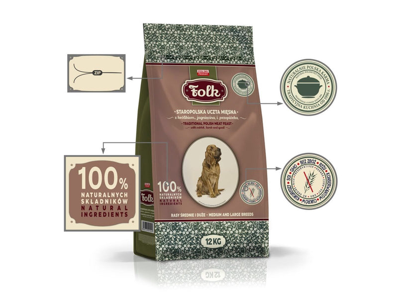 Folk Medium and large breeds Traditional polish meat feast with rabbit lamb and quail - dry dog food - 12kg