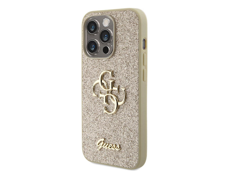 GUESS Glitter Script Big 4G iPhone 15 Pro Case - Gold