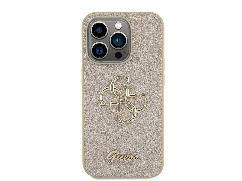 GUESS Glitter Script Big 4G iPhone 15 Pro Case - Gold