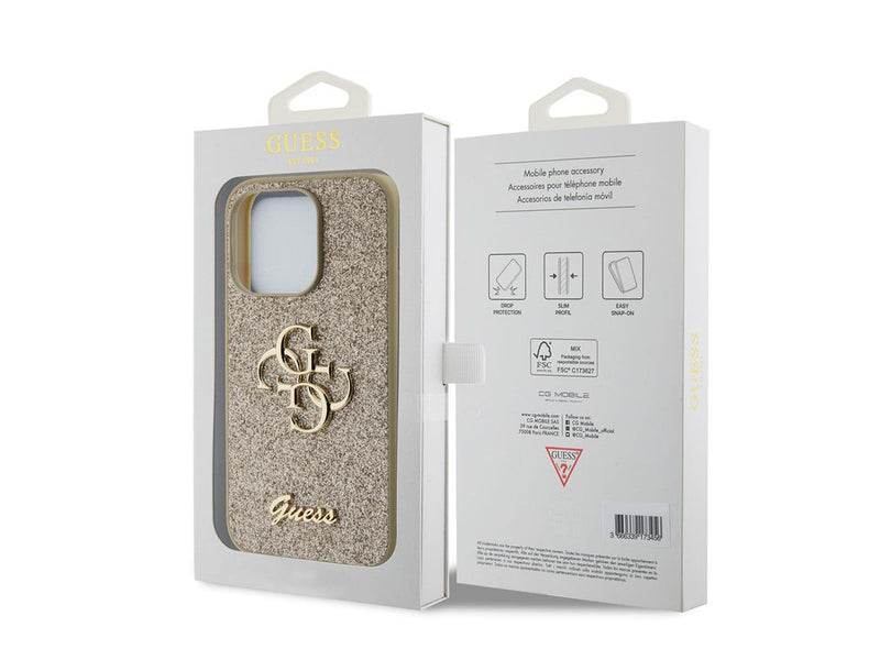 GUESS Glitter Script Big 4G iPhone 15 Pro Case - Gold