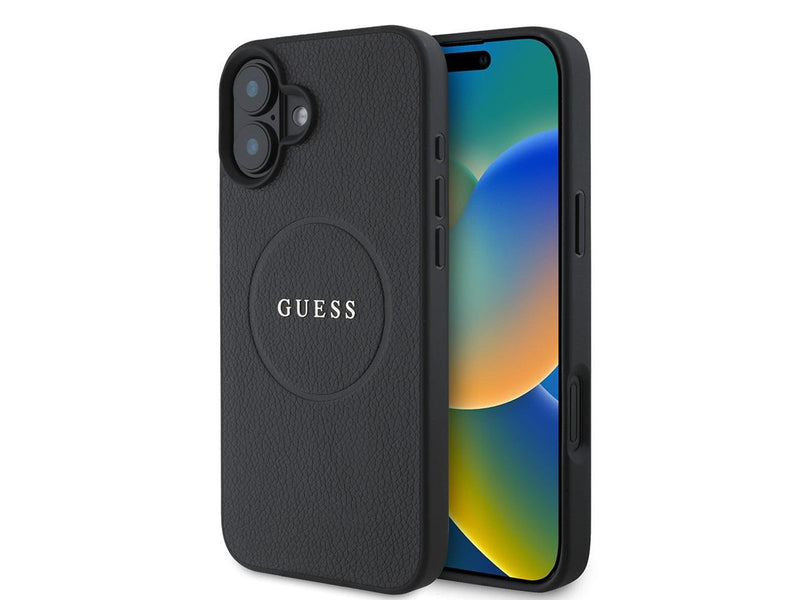 GUESS Grained Gold Ring MagSafe case for iPhone 16 - black