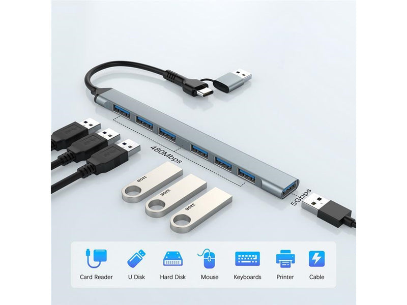 Gembird 7-port USB hub (1x USB 3.2 + 6x USB 2.0) USB-A + USB-C USB-Hubs - USB 3.2 - 7 - silber