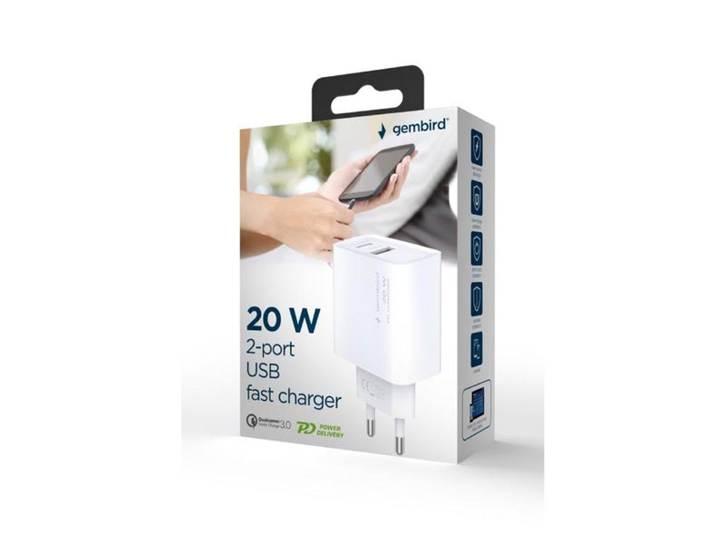 Gembird Universal GaN USB charger QC 3.0 & PD 20 W 2-port - White