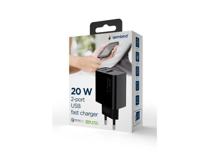 Gembird Universal GaN USB charger QC 3.0 & PD 20W 2-port - Black