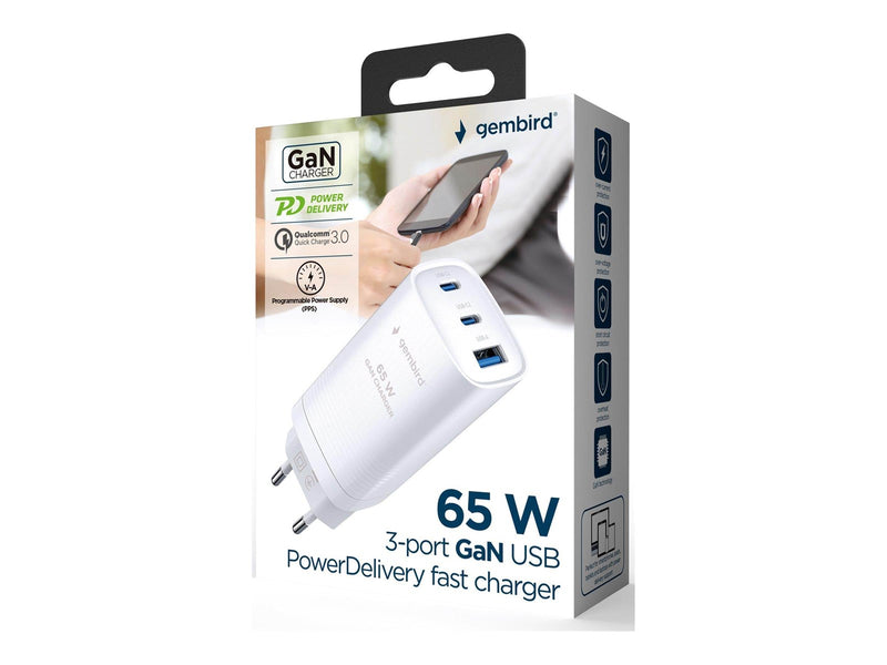 Gembird Universal GaN USB charger QC 3.0 & PD 65W 2-port - White
