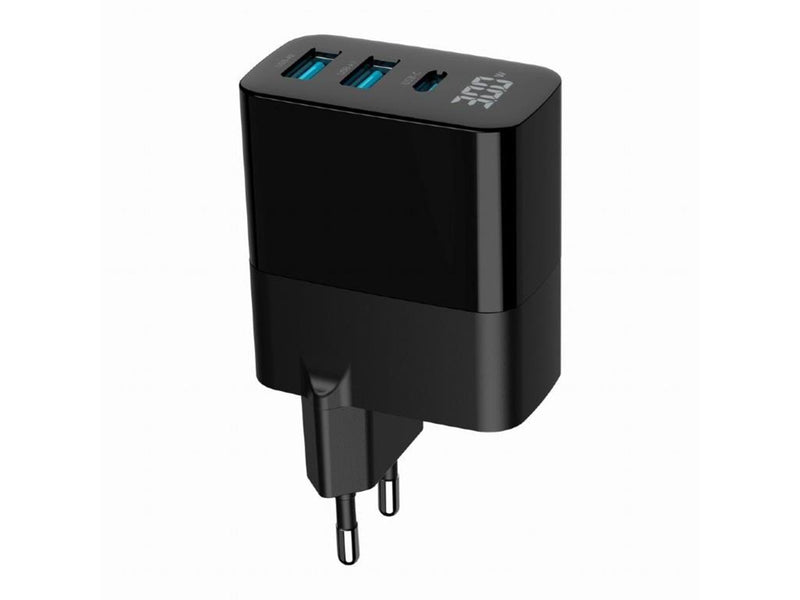 Gembird Universal GaN USB charger with LCD QC 3.0 & POD 30W 3-port - Black