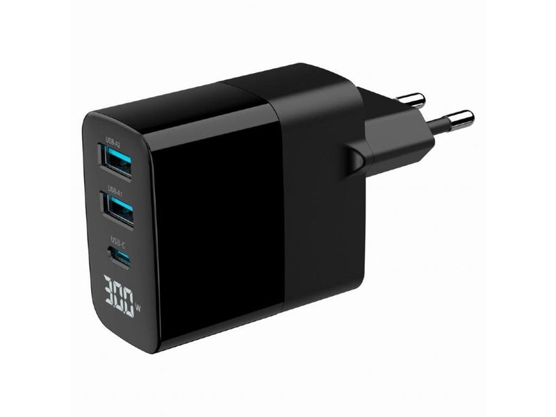 Gembird Universal GaN USB charger with LCD QC 3.0 & POD 30W 3-port - Black
