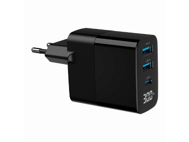 Gembird Universal GaN USB charger with LCD QC 3.0 & POD 30W 3-port - Black