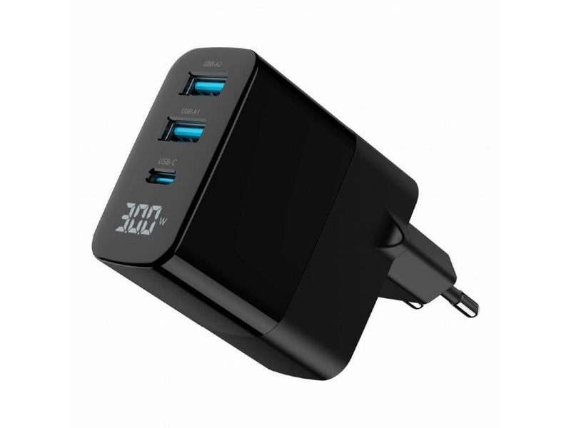 Gembird Universal GaN USB charger with LCD QC 3.0 & POD 30W 3-port - Black