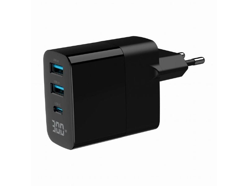 Gembird Universal GaN USB charger with LCD QC 3.0 & POD 30W 3-port - Black