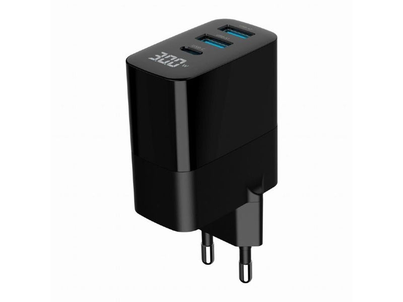 Gembird Universal GaN USB charger with LCD QC 3.0 & POD 30W 3-port - Black