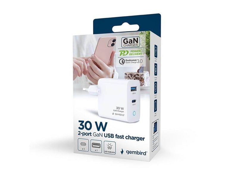 Gembird Universal GaN USB charger with LED QC 3.0 & PD 30W 2-port - White