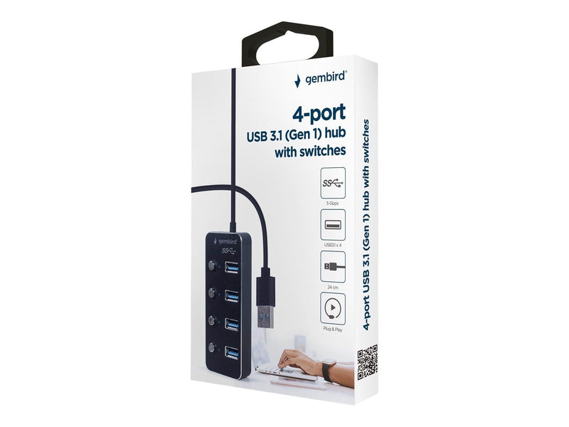 Gembird - hub - powered with switches black - 4 ports USB-Hubs - USB 3.2 - 4 - Schwarz