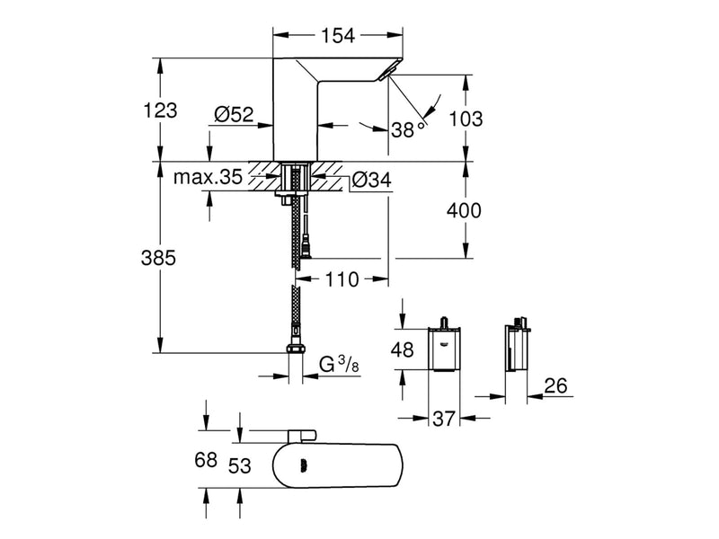Grohe Bau Cosmopolitan E, Infrarot-Elektronik für Waschtisch 1/2" mit Mischung und Temperaturbegrenzer, chrom