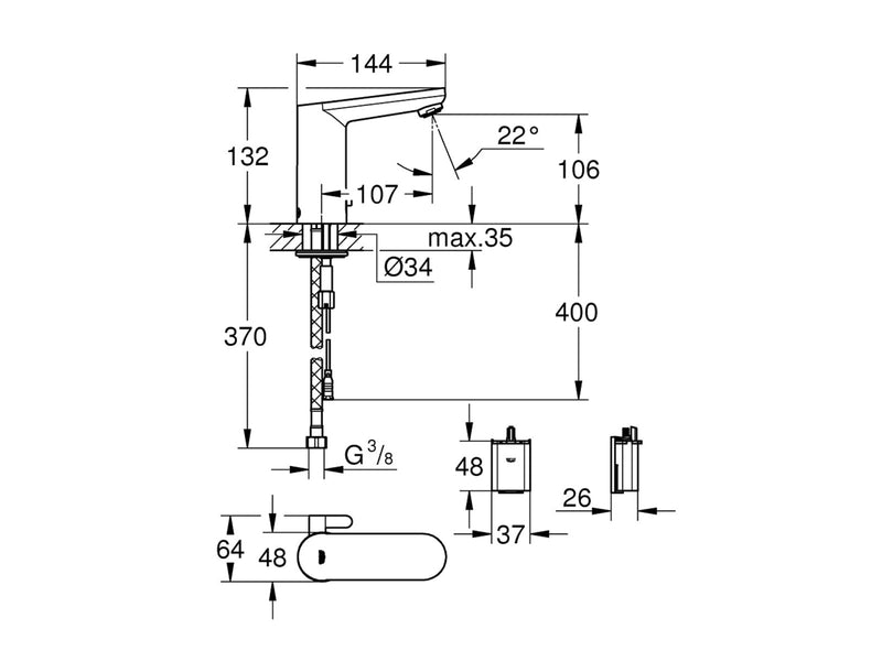 Grohe Eurosmart CE, Infrarot-Elektronik für Waschtisch DN 15mit Mischung und variabel einstellbarem Temperaturbegrenzer, chrom