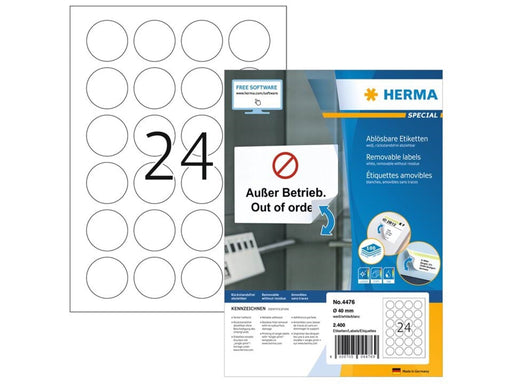 HERMA Ablösbare Etiketten A4, Ø 40 mm, rund, weiß