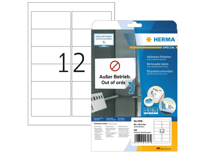 HERMA Ablösbare Etiketten A4, 96 x 42,3 mm, weiß