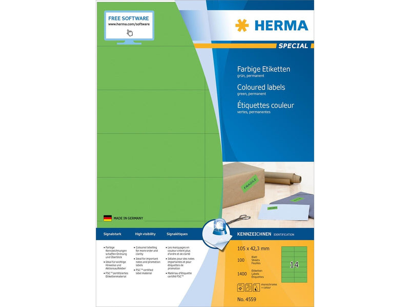 HERMA Coloured labels A4 105 x 42.3 mm green permanent adhesion