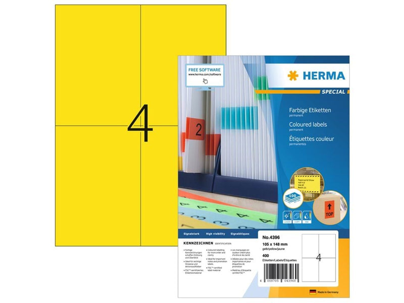 HERMA Farbige Etiketten A4, 105 x 148 mm, gelb, permanent haftend
