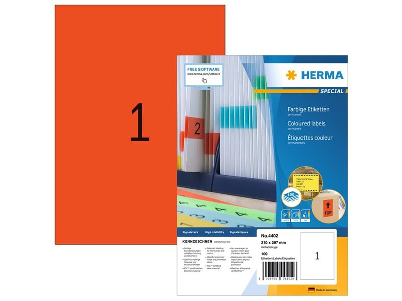 HERMA Farbige Etiketten A4, 210 x 297 mm, rot, permanent haftend