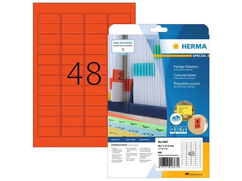 HERMA Farbige Etiketten A4, 45,7 x 21,2 mm, rot, ablösbar