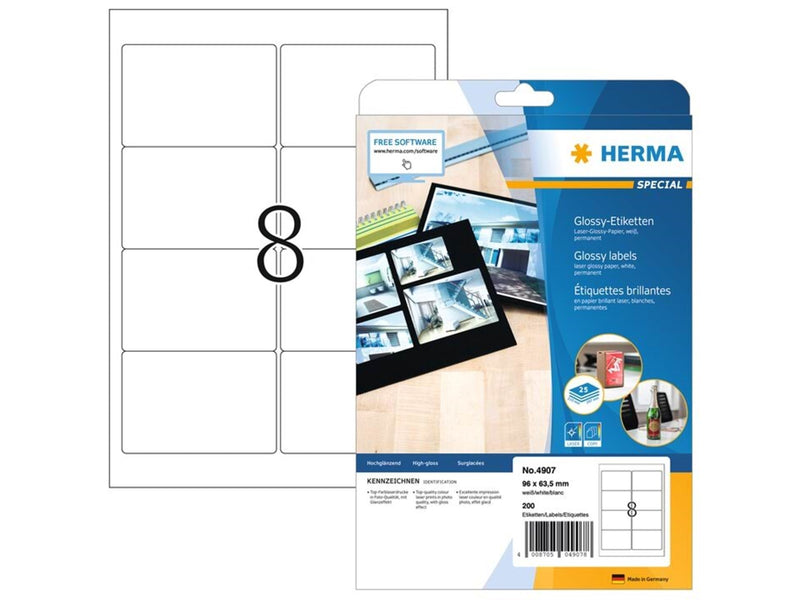 HERMA Hochglanz-Etiketten A4, 96 x 63,5 mm, weiß, permanent haftend, Laserdrucker