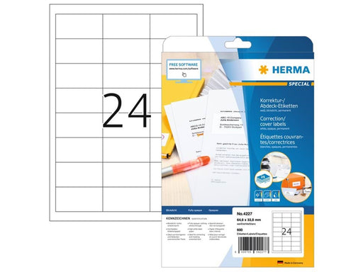 HERMA Korrektur-/Abdecketiketten A4, 64,6 x 33,8 mm, weiß, blickdicht, permanent haftend