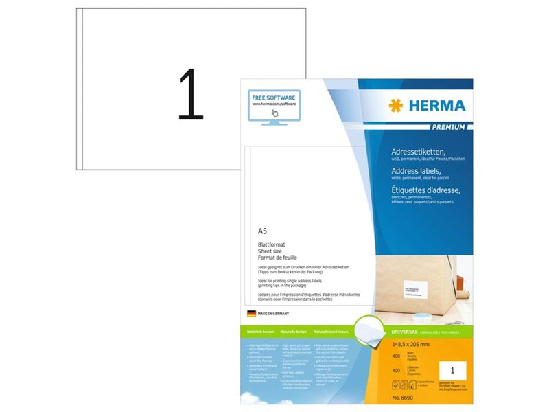 HERMA PREMIUM Adressetiketten, A5, 148,5 x 205 mm, weiß, permanent haftend