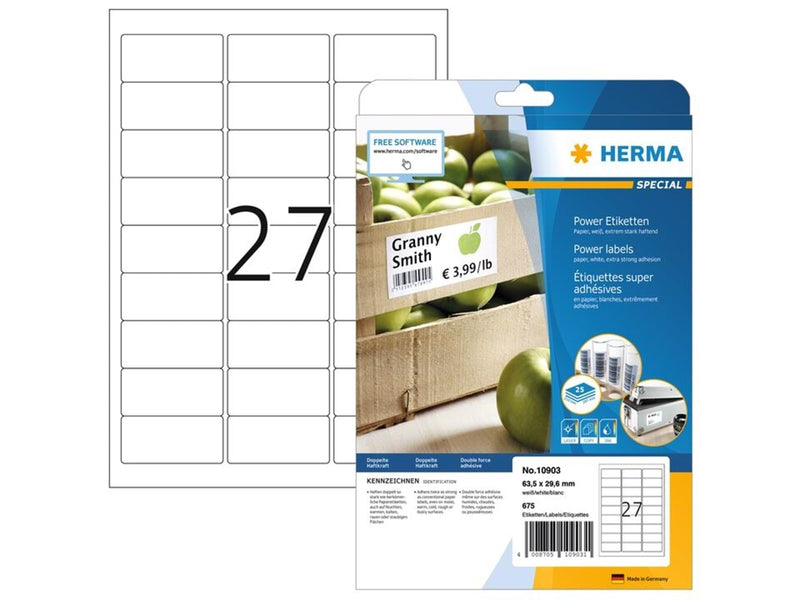 HERMA Power-Etiketten A4, 63,5 x 29,6 mm, weiß, extrem stark haftend, aus Papier