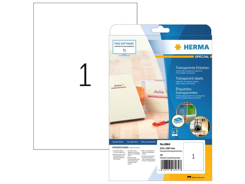 HERMA Transparente Inkjet-Folien-Etiketten A4, 210 x 297 mm, glänzend, permanent haftend