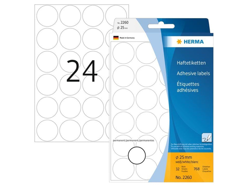 HERMA Vielzwecketiketten/Farbpunkte Ø 25 mm, rund, weiß, permanent haftend, zur Handbeschriftung