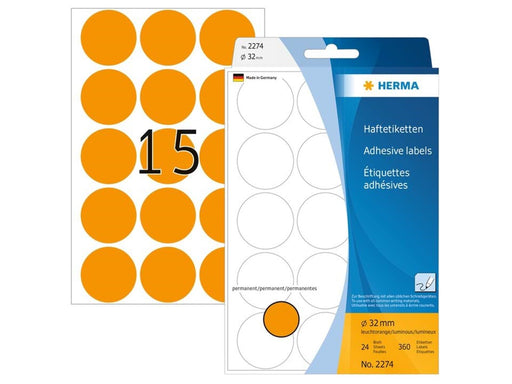 HERMA Vielzwecketiketten/Farbpunkte Ø 32 mm, rund, leuchtorange, permanent haftend, zur Handbeschriftung