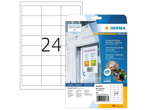 HERMA Wetterfeste Folien-Etiketten A4, 66,0 x 33,8 mm, weiß, wiederablösbar