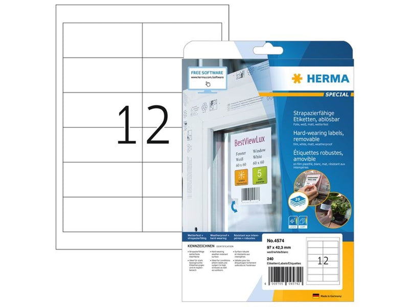 HERMA Wetterfeste Folien-Etiketten A4, 97,0 x 42,3 mm, weiß, wiederablösbar