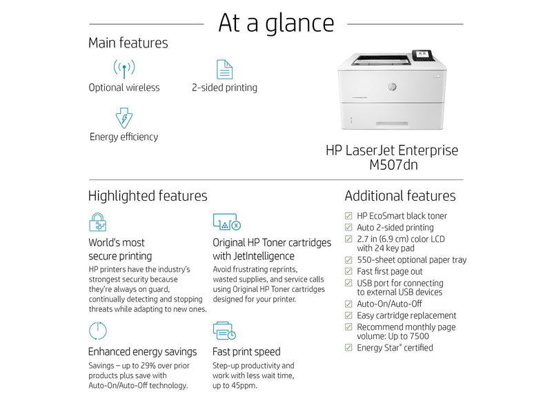 HP LaserJet Enterprise M507dn - Mono Laser - A4 Duplex - 43 ppm - Einfarbig - Laser