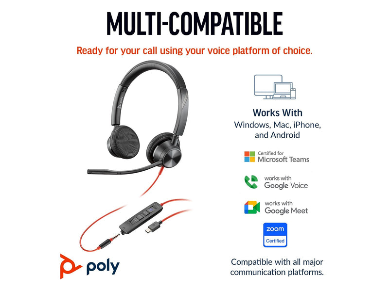 HP Poly Blackwire 3325 Stereo Microsoft Teams Certified USB-C Headset +3.5mm Plug +USB-C/A Adapter
