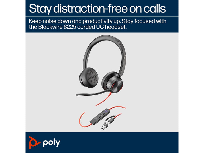 HP Poly Blackwire 8225 Stereo Microsoft Teams Certified USB-C Headset +USB-C/A Adapter (8X225AA)
