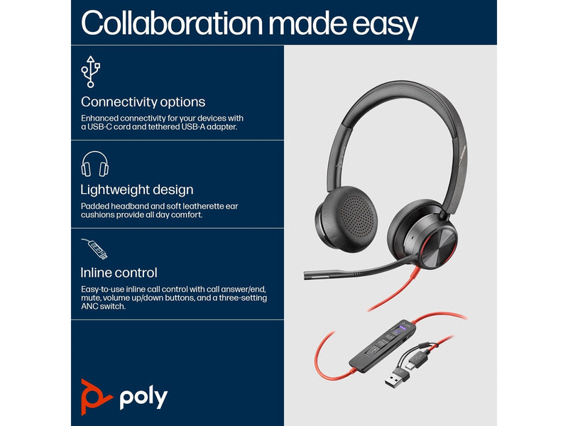 HP Poly Blackwire 8225 Stereo Microsoft Teams Certified USB-C Headset +USB-C/A Adapter (8X225AA)