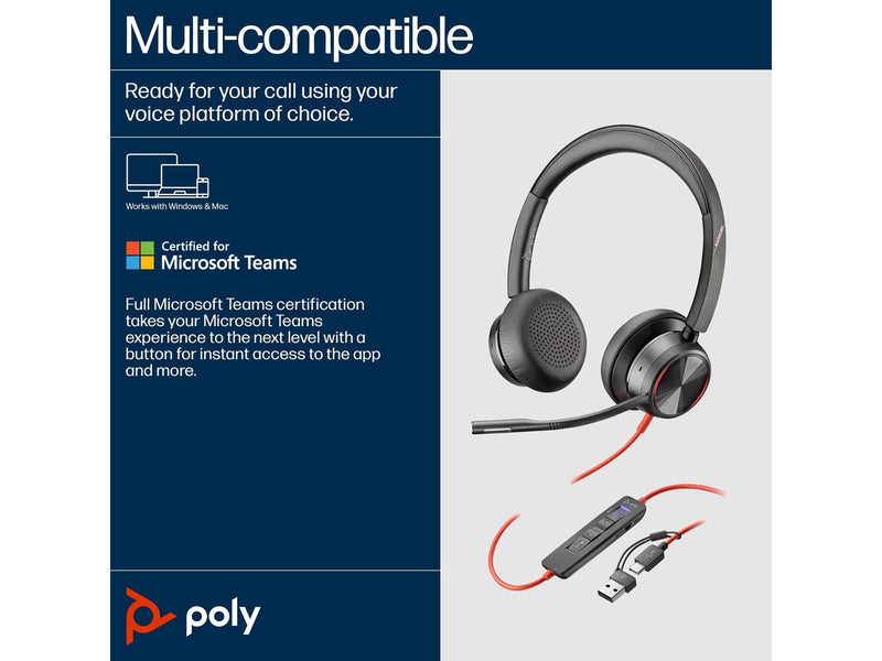 HP Poly Blackwire 8225 Stereo Microsoft Teams Certified USB-C Headset +USB-C/A Adapter (8X225AA)