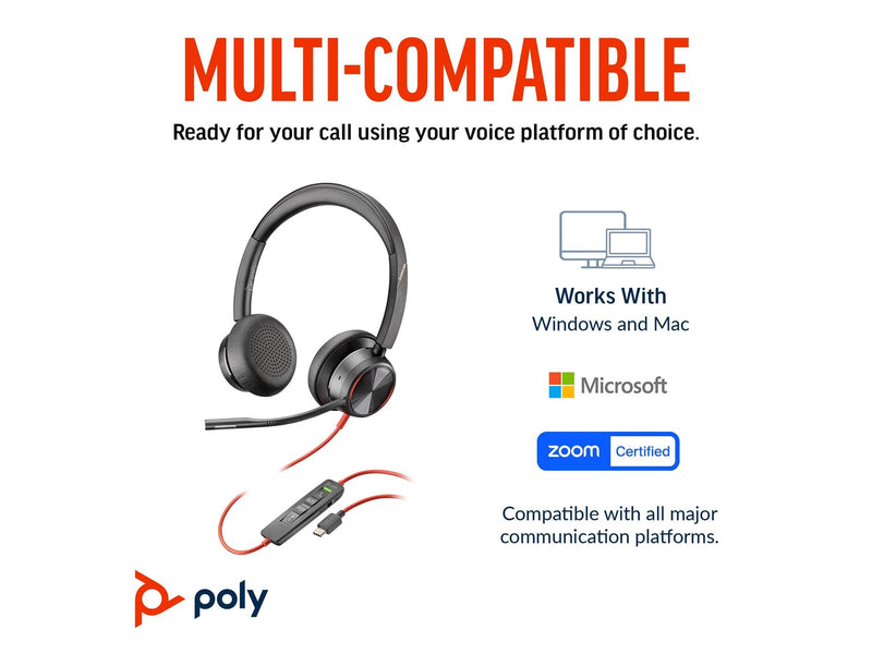 HP Poly Blackwire 8225 Stereo Microsoft Teams Certified USB-C Headset +USB-C/A Adapter (8X225AA)