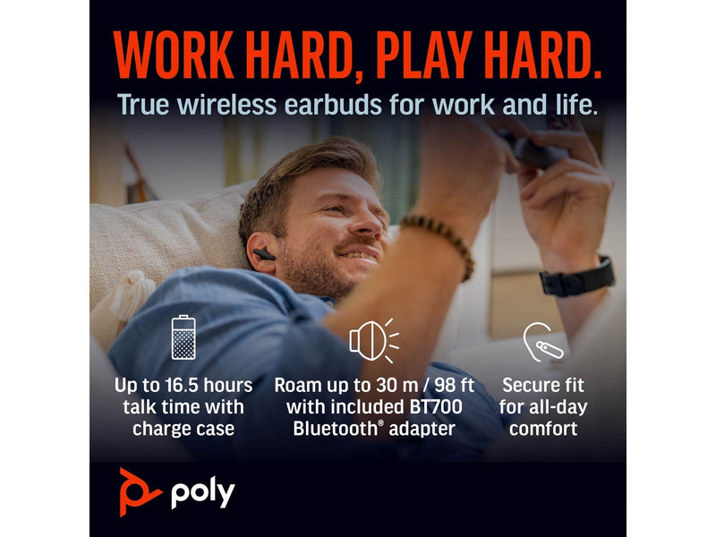 HP Poly Voyager Free 60+ UC Carbon Black Earbuds +BT700 USB-C Adapter +Touchscreen Charge Case (7Y8G4AA)