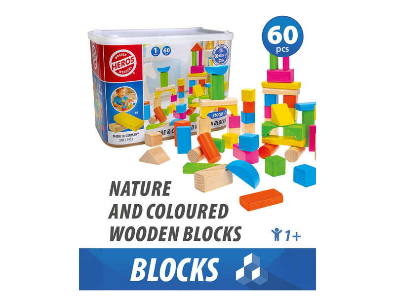 Heros Bausteine – Natur- & farbige Holzbausteine, 60 Stück