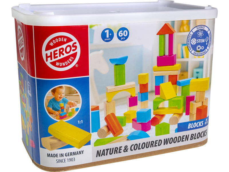 Heros Bausteine – Natur- & farbige Holzbausteine, 60 Stück