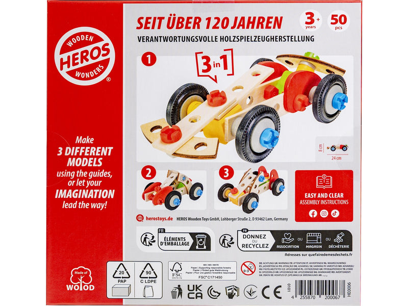 Heros Konstruktionsspielzeug – 3-in-1, Rennwagen, 50 Teile