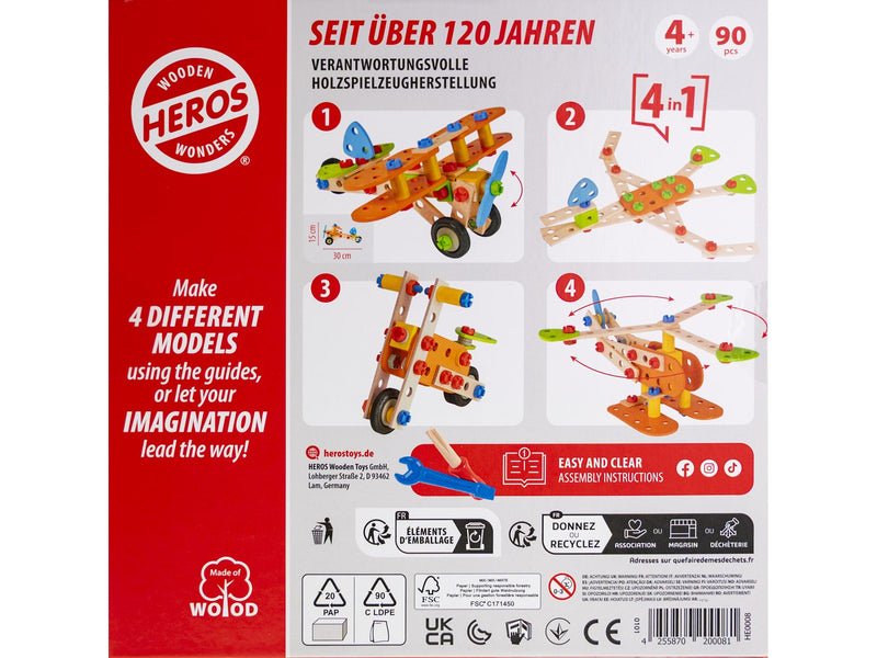 Heros Konstruktionsspielzeug – 4-in-1, Doppeldeckerflugzeug, 90 Teile