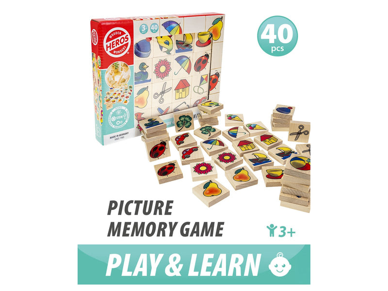 Heros Spielen & Lernen – Holz-Memory-Spiel mit Bildern, 40 Plättchen