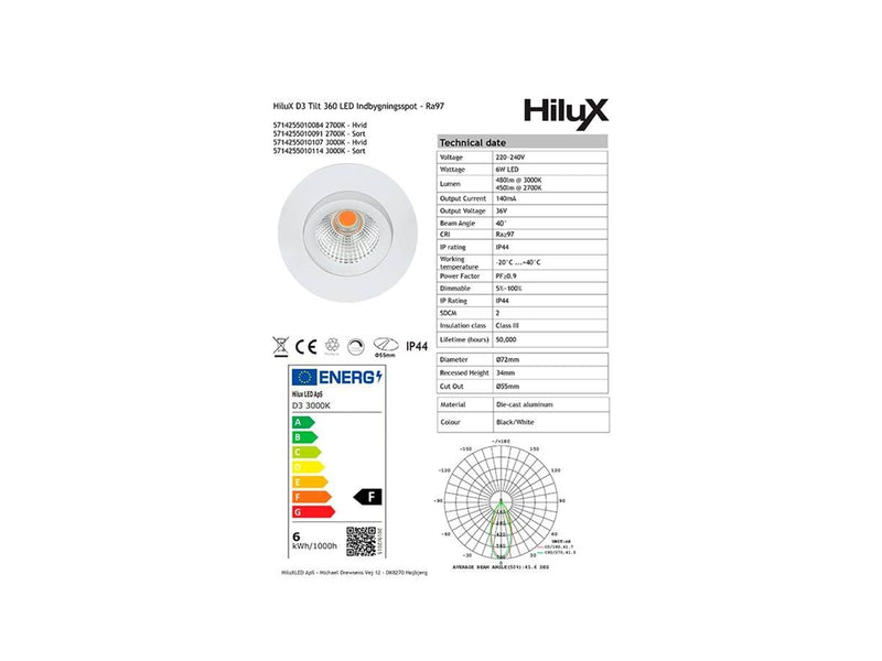 HiluX D3 Tilt360 - Full Spectrum LED Recessed spot - Ra97 - 2700K - White
