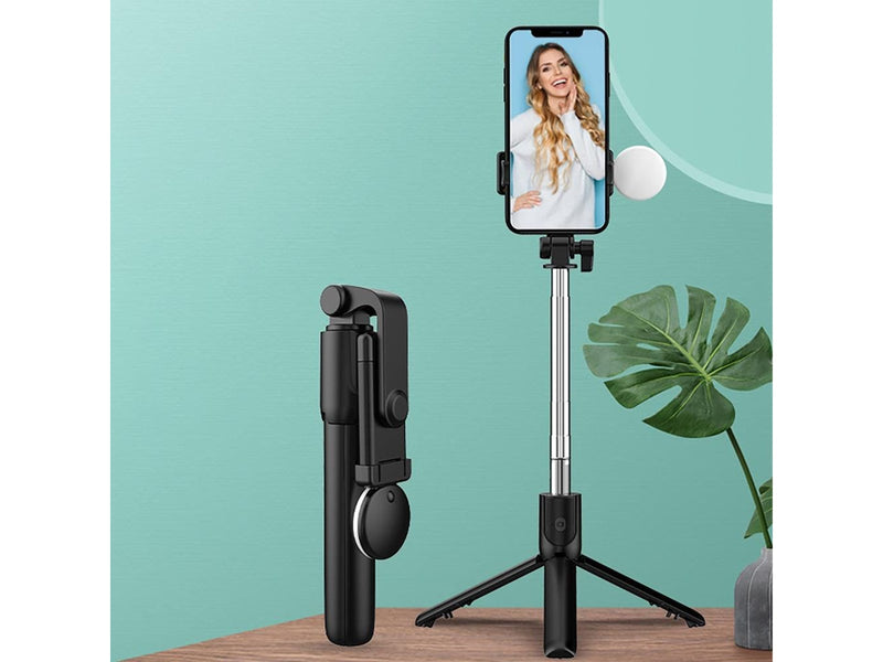 Hurtel Selfie Stick WR1YXS Telescopic Tripod 0.71m with Round Lamp - Black