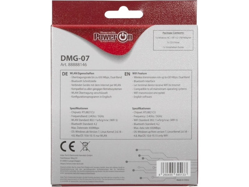 Inter-Tech DMG-07 Wi-Fi 5 + BT 4.2 USB Adapter - 650 Mbps
