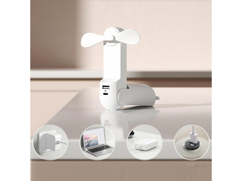 Jisulife Handheld Fan Life8 Mini Portable USB Fan with 2000mAh Power Bank and Flashlight - White